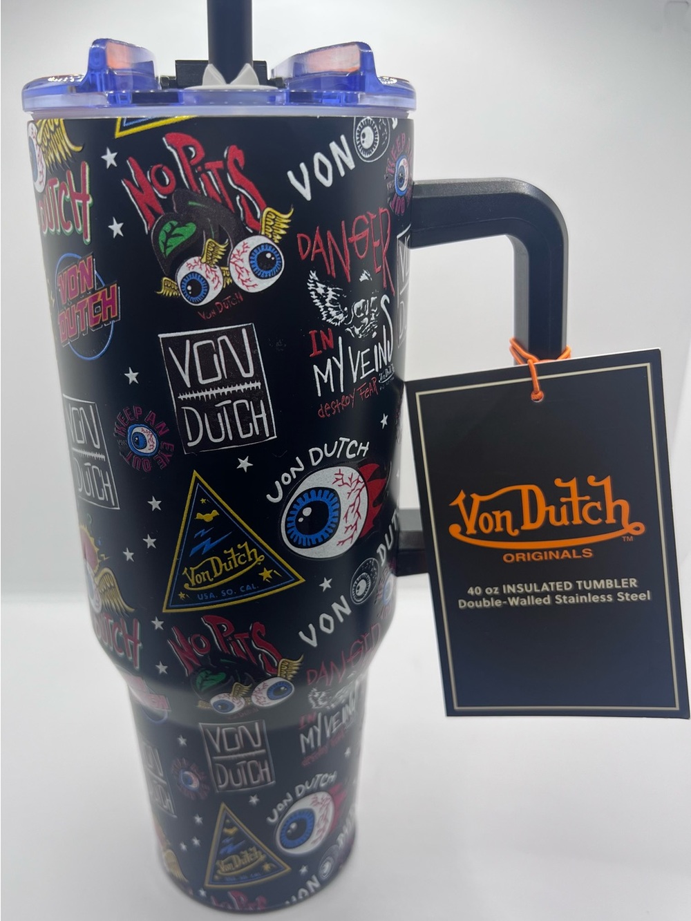 New Von Dutch "Danger In My Veins" Black Graphic Design 40oz Tumbler NWT